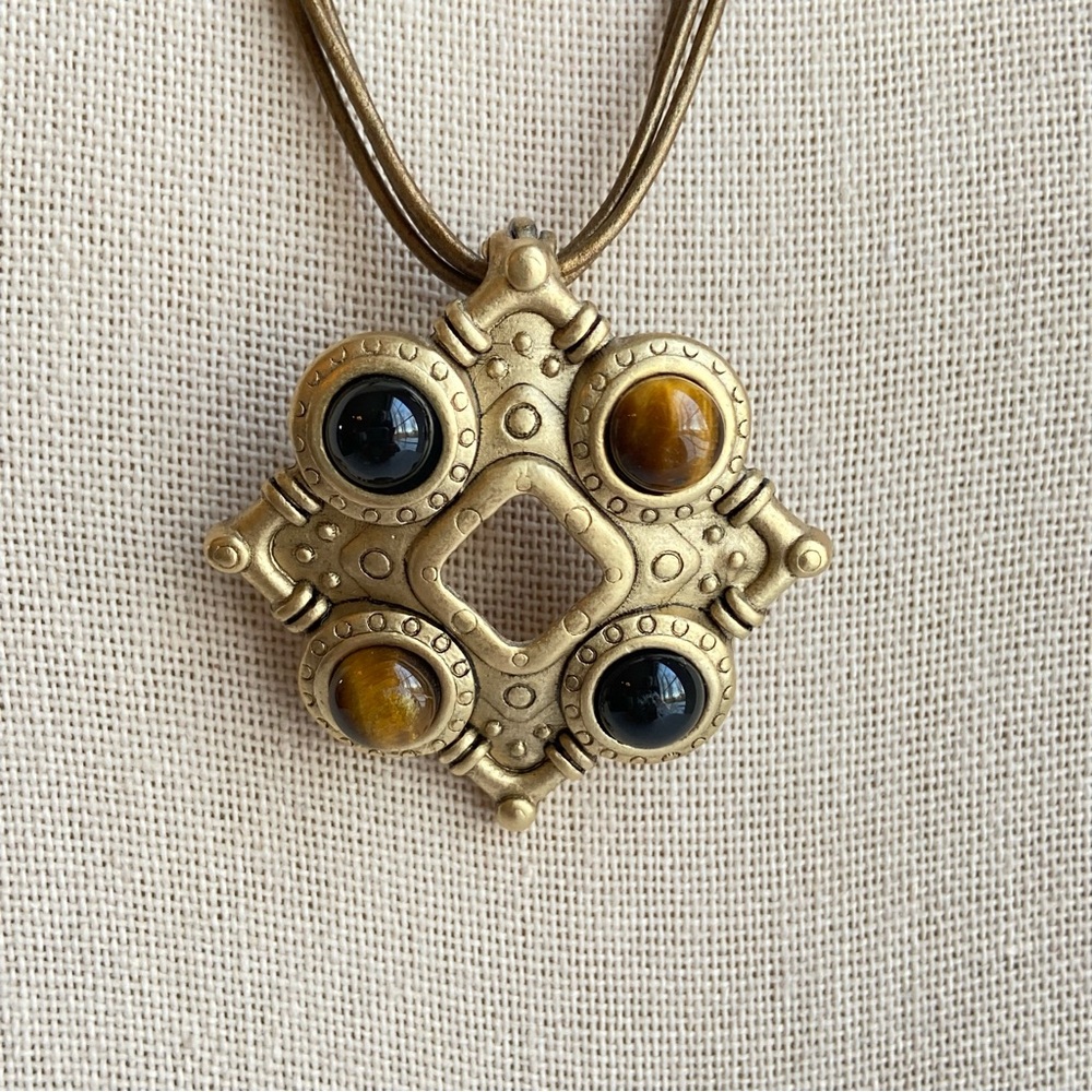 Premier Designs tiger’s eye and black pendant necklace on triple brown cord